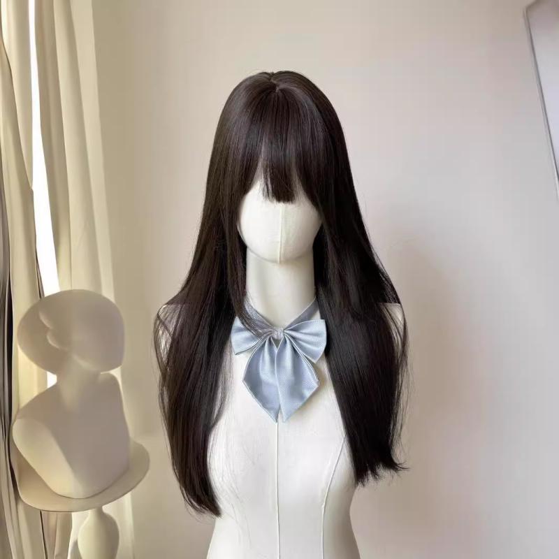 ウィッグ レディース フルウィッグ 黒髪 ロング ストレートヘア ぱっつん前髪 ロリータ JK風 かわいい ダークブラウン 簡単装着 ナチュラル 耐熱ファイバー
