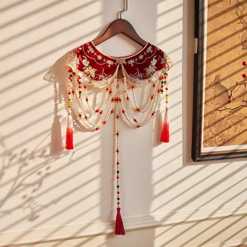 羽織り レディース 雲肩 高級感 レトロ 丸襟 レース刺繍 ジレベスト ケープ 古装スタイル 着回し 春夏 ワインレッド
