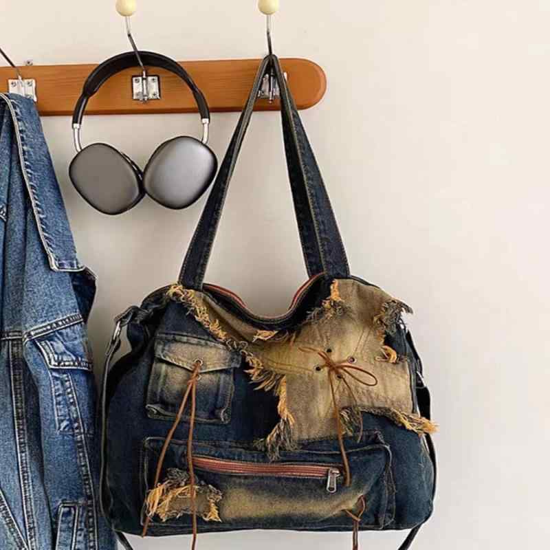 バッグ ユニセックス デニム ウォッシュ加工 バケットバッグ 大容量 レトロ ヴィンテージ 個性的 ファッション ワンショルダー 斜め掛け 手提げ 3way ソフト ファスナー開閉 デイリーユース 通勤 通学 ブルー 鞄