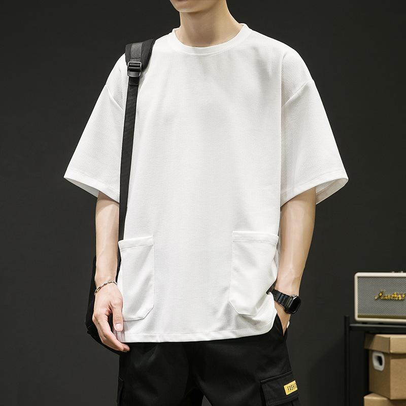 Tシャツ メンズ 抗菌 防シワ加工 薄手 ゆったり ビッグシルエット 多ポケット 五分袖 クルーネック ワークテイスト カジュアル ストリート 春夏
