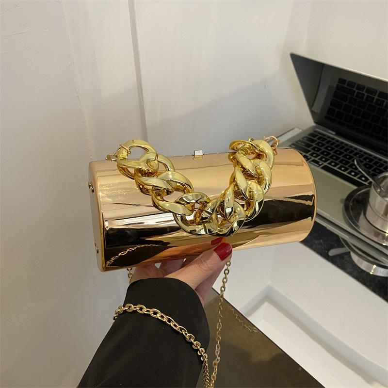バッグ レディース アクリル 円筒型 光沢 エナメル 太めチェーン ショルダーバッグ ハンドバッグ 2way ミニバッグ ストリート カジュアル 欧米風 ロック開閉 デイリーユース 普段使い