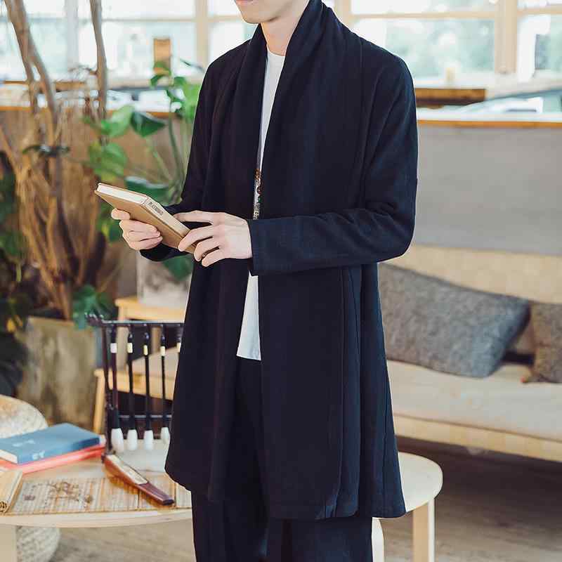 羽織り メンズ 春秋 綿麻 リネン ラミー 中国風 古風 レトロ ミドル丈 漢服 道袍 茶服 切り替えデザイン カジュアル 普段着