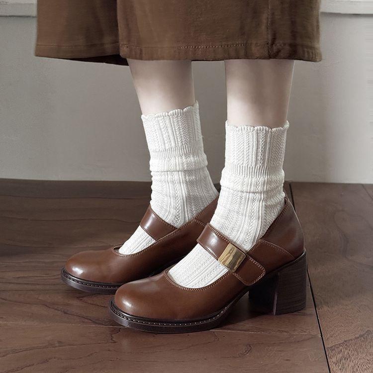パンプス レディース 羊革 本革 メリージェーン レトロ フレンチデザイン 個性的 ラウンドトゥ ハイヒール 6-8cm カジュアル きれいめ デイリーユース 通勤 オフィス 秋冬 ブラック ブラウン|セキュアデポ