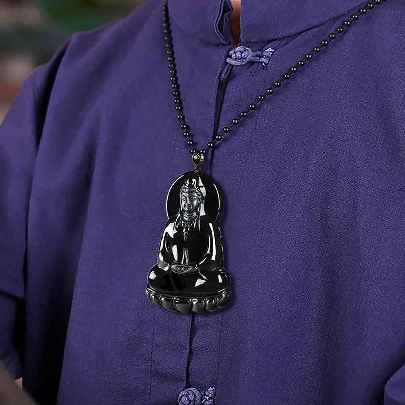 ネックレス メンズ レディース 男女兼用 天然黒翡翠 Aグレード 玉石 彫刻 立体 素衣観音像 パワーストーン 民族風 開運 お守り ペンダントトップ