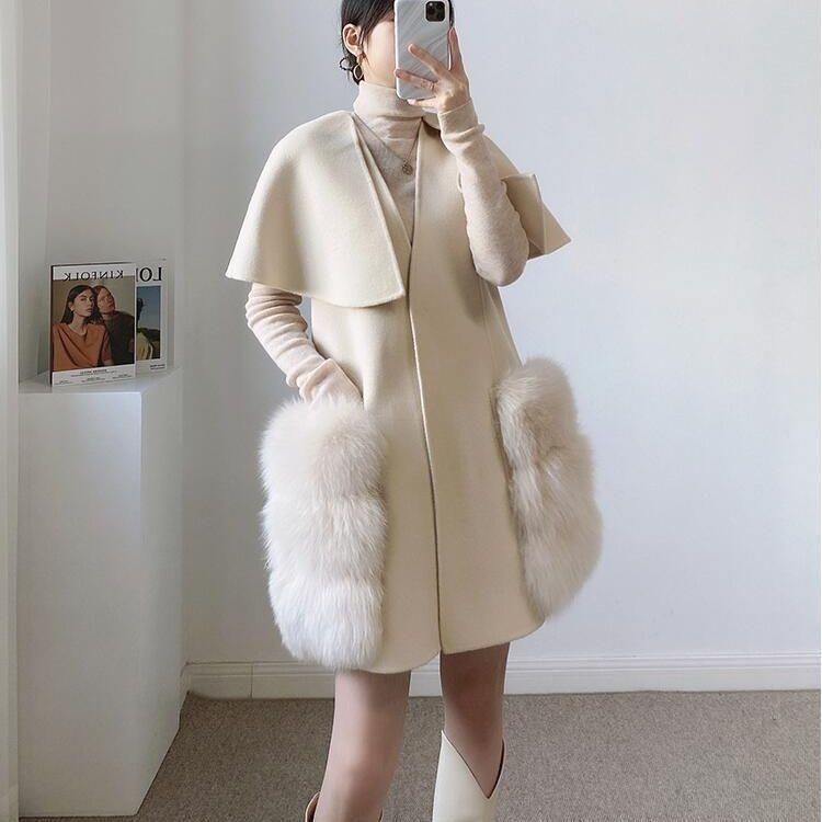 コート レディース ケープショール 小柄 低身長向け ダブルフェイス ウール カシミヤ Vネック ノースリーブ ミドル丈 上品 通勤 秋冬 ポケット付き|セキュアデポ