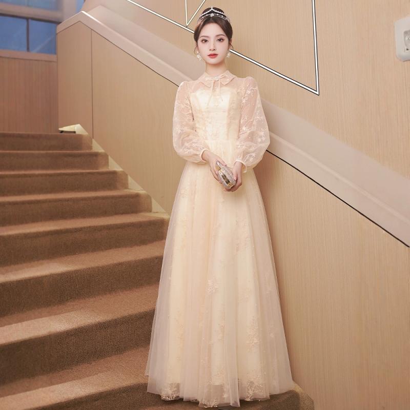 ロングドレス レディース プリンセスライン フレンチテイスト 高級感 個性的 ロング丈 長袖 ハイウエスト シャンパンカラー 無地 ポリエステル 誕生会 成人式 発表会 演奏会 司会 パーティー