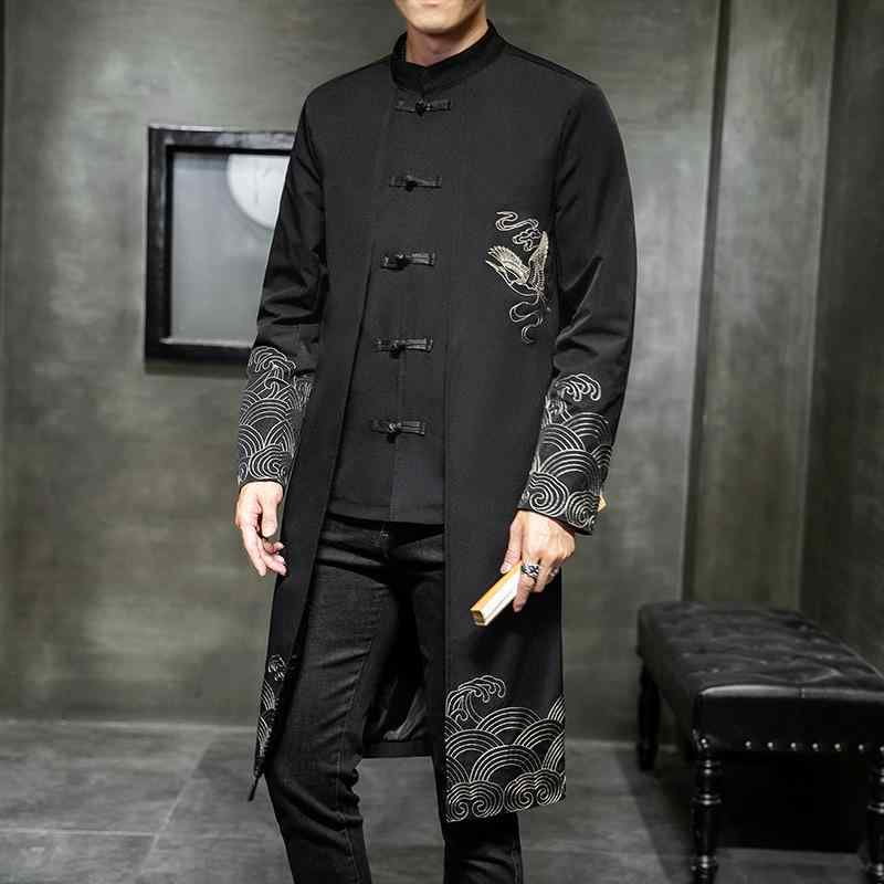 唐装 メンズ 秋 中国風 漢服 中山装 大きいサイズ ビッグサイズ ゆったり ミドル丈 セミロング丈 コート アウター 刺繍 古風 レトロ 重ね着風 フェイクレイヤード