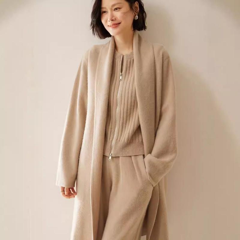 編み物ジレー レディース 秋冬 カシミール 朦々たる ゆったり ロング丈 真っただ中丈 羽織り 厚地の外套 グレージュ ベージュ 薄墨色 象牙色 無償性大きさ