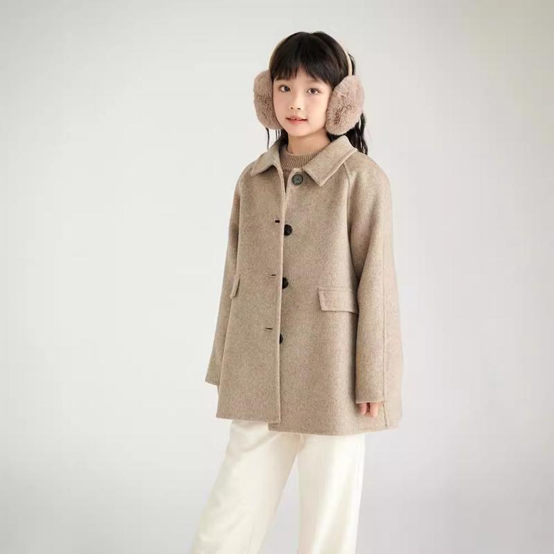 コート キッズ 女の子 ガールズ 厚手 暖かい 保温性 防寒 ウール100% 高級感 ダブルフェイス 無地 ミドル丈 秋冬 上品 おしゃれ 韓国風 ミディアムグレー ミックスブラウン