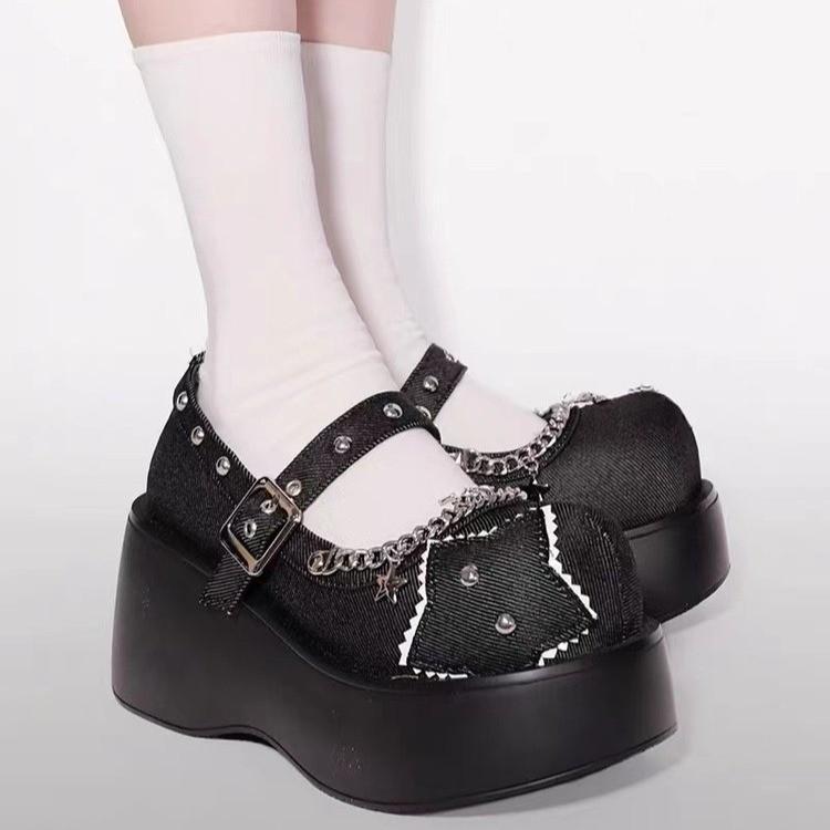 パンプス レディース 厚底プラットフォーム メリージェーン ゴシック レトロ パンク かわいい 原宿系 ロリータ メタル装飾 太ヒール ラウンドトゥ スリッポン ブラック カジュアルシューズ
