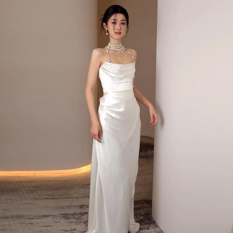 ドレス レディース マーメイド Aライン ビスチェ ノースリーブ ロング ハイウエスト スリムフィット サテン 結婚式 二次会 披露宴 お呼ばれ パーティー フォーマル 演奏会 発表会 フレンチ シンプル ナチュラル カジュアル 花嫁 白｜セキュアデポ