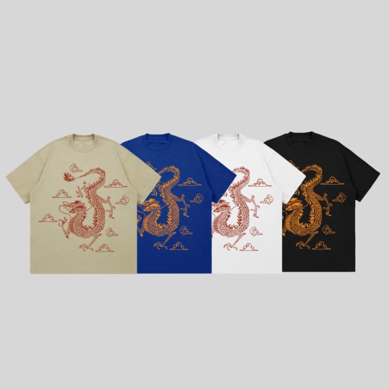 Tシャツ メンズ 厚手 透けにくい 通気性 綿 コットン クルーネック 中国風 龍柄 ゆったり ルーズシルエット 着回し カジュアル カップルコーデ ペアルック 春夏秋