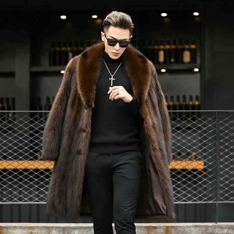 フェイクファーコート メンズ 男性用 秋冬 厚手 暖か ロング丈 ゆったりシルエット Vネック 大きいサイズ カジュアル アウター 紳士 防寒 サイドポケット ブラウン ブラック