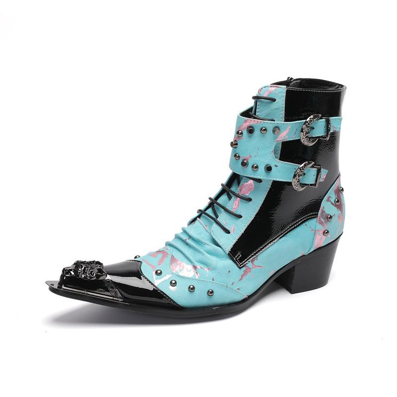 ブーツ メンズ シークレットヒール 通気性 厚底 サイドジップ 牛革 秋冬 ブローグ ポインテッドトゥ ビジネス カジュアル レトロ トレンド チェルシータイプ ショート丈 ブルー