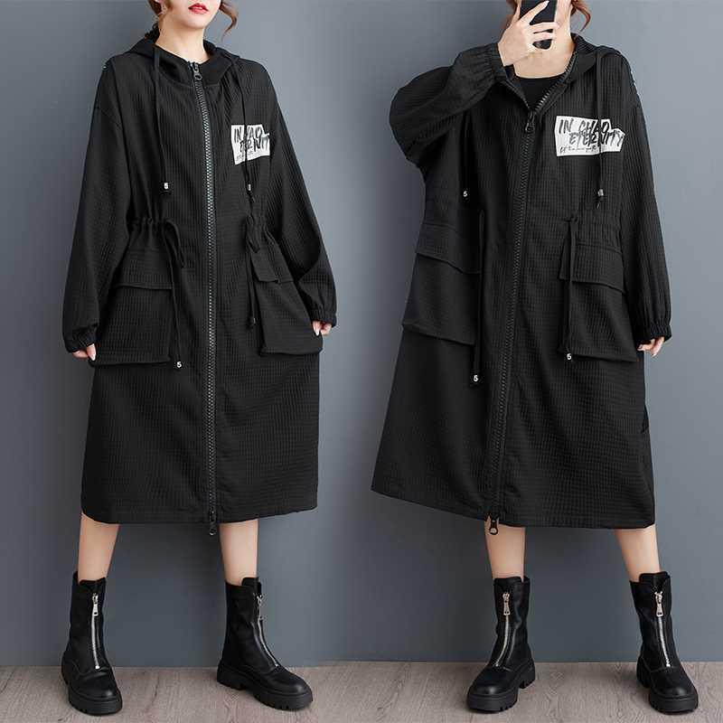 トレンチコート レディース 春夏 大きいサイズ ゆったり 体型カバー フード付き プリント ミドル丈 韓国ファッション 長袖 ファスナー 綿混 ブラック