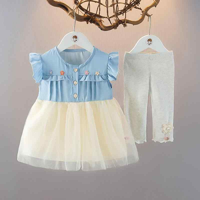 セットアップ ベビー 女の子 夏 韓国風 かわいい 薄手 コットン素材 ノースリーブ チュールワンピース 七分丈パンツ 2点セット ピンク イエロー お洒落 普段着 部屋着 80 90 100cm
