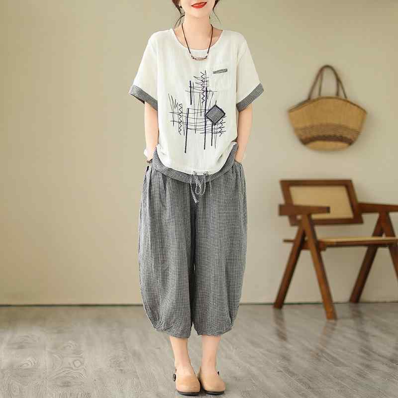 セットアップ レディース レトロ 色織り ヘンプ風 チェック柄 Tシャツ トップス 七分丈 ハーレムパンツ サルエルパンツ 2点セット カジュアル ゆったり 部屋着 ポケット付き 切り替えデザイン 春夏 アクリル素材