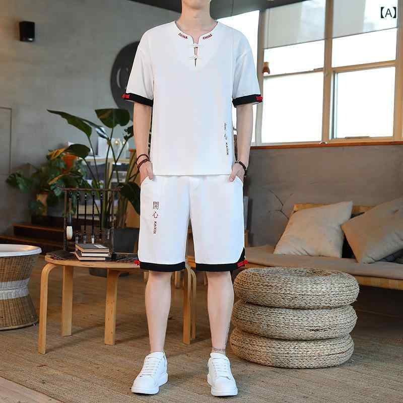 漢服 メンズ Vネック ゆったり 五分袖 レトロ 中華風 春夏 綿麻ブレンド カジュアル Tシャツ セットアップ 2点セット 普段着 ルームウェア 大きいサイズ 白 黒