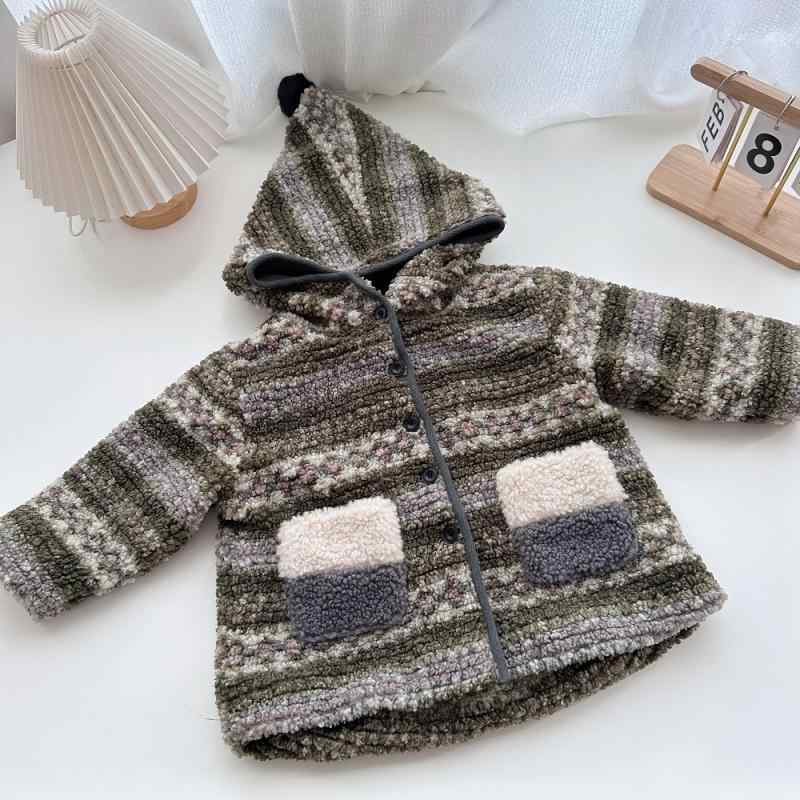 コート キッズ 女の子 フェイクファー シープボア フード付き 裏起毛 厚手 グリーン エルフモチーフ ジャカード アウター 秋冬