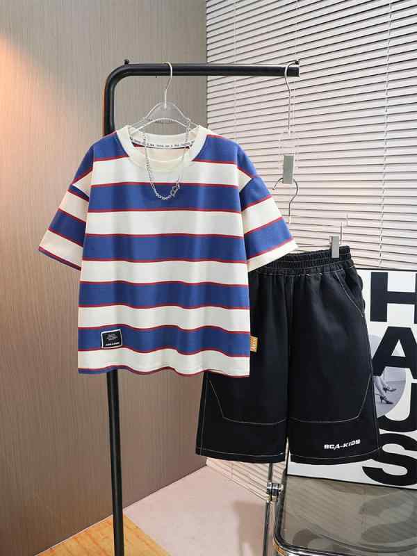 Tシャツ ハーフパンツ セットアップ キッズ 男の子 ジュニア 薄手 柔らかい 夏物 ストライプ 半袖 綿 コットン 部屋着 カジュアル 2点セット