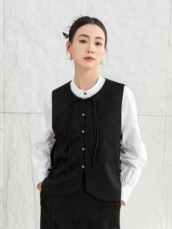 ジレ レディース 春夏 ノースリーブ ジャガード織り フリンジ チャイナボタン 新チャイナ風 レトロ 上品 エレガント スリムフィット ブラック レーヨン混 通勤 オフィス