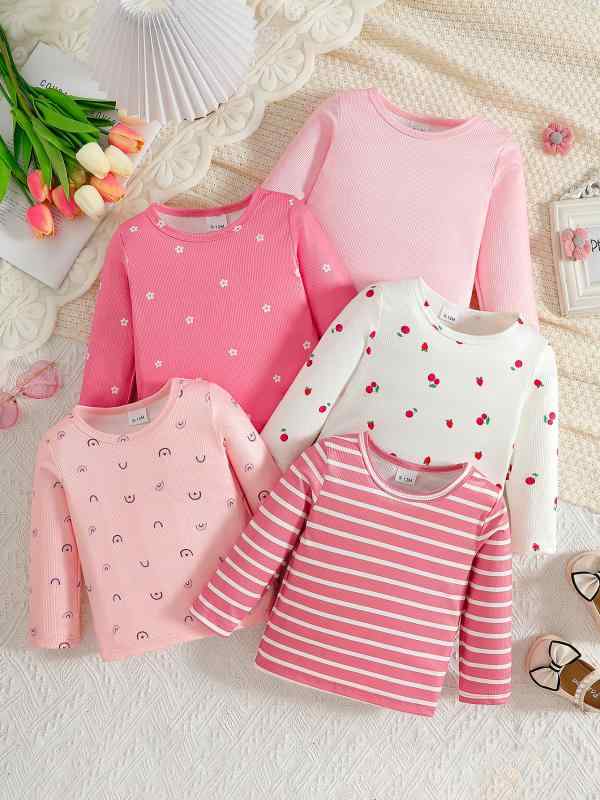 Tシャツ ベビー 女の子 春夏 かわいい 抗菌 快適 柔らか素材 ライトピンク ホワイト チェリー柄 長袖 丸首 着回し 韓国ファッション ポリエステル 1歳 2歳 3歳 5点セット
