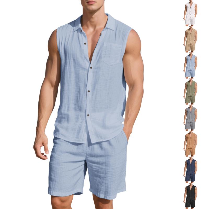 メンズ セットアップ 薄手 軽量 リネンブレンド 開襟 ベスト ショートパンツ 大人カジュアル 涼しい 夏服 部屋着 リラックスウェア 通気性抜群 多彩な色展開
