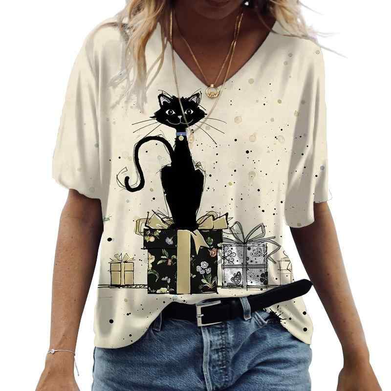 Tシャツ レディース 春夏 ゆったり 半袖 Vネック 猫 3Dプリント カジュアル ポリエステル メッシュ生地 薄手 透け感 日韓風 スイート フェミニン