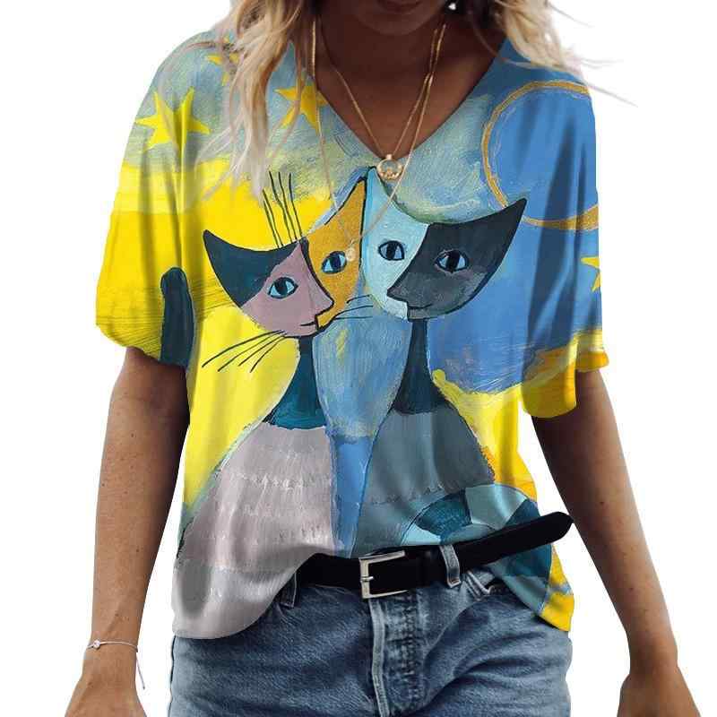Tシャツ レディース キャラクター柄 かわいい おもしろ 春夏 3Dデジタルプリント 半袖 Vネック プルオーバー ゆったり カジュアル