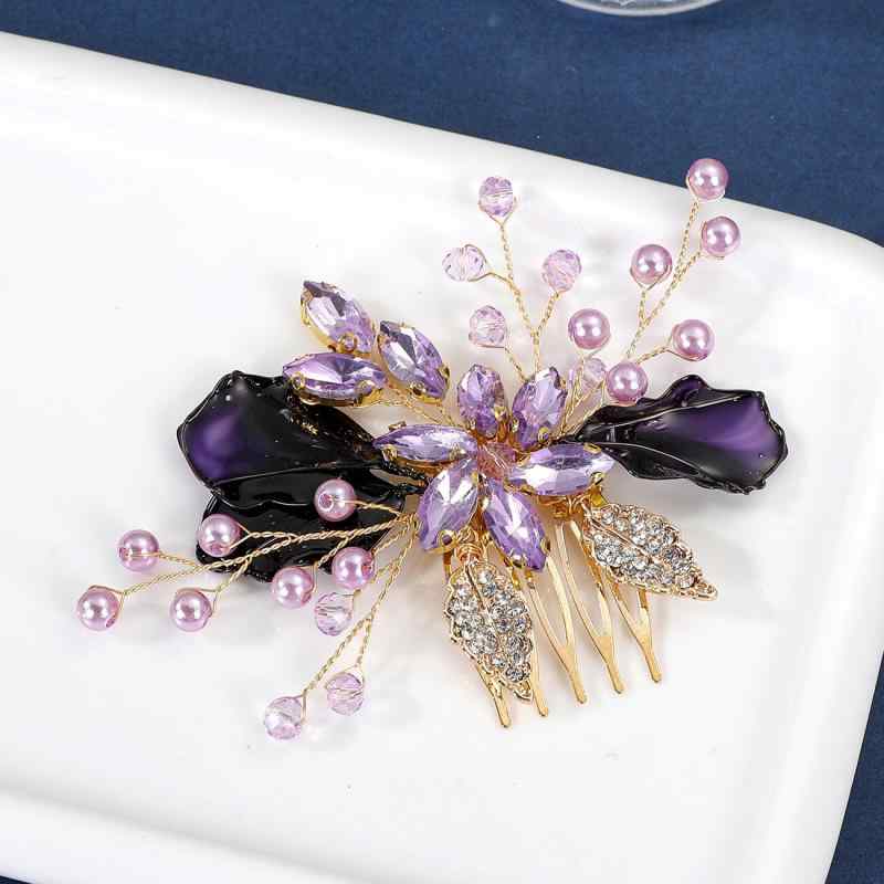 ヘアアクセサリー レディース サイドコーム ラインストーン 手作り 花モチーフ 古風 和装 ブライダル 結婚式 撮影 花嫁 ゴールド アメジスト 春夏 エキゾチック 髪飾り