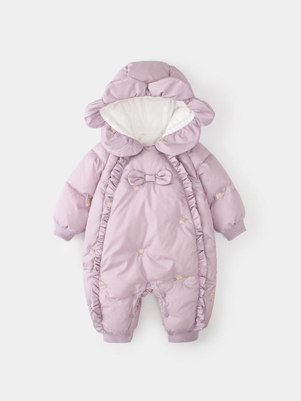 ロンパース ベビー 女の子 新生児 冬用 中綿入り 厚手 保温 かわいい お出かけ用 長袖 フード付き ポリエステル 0歳 1歳