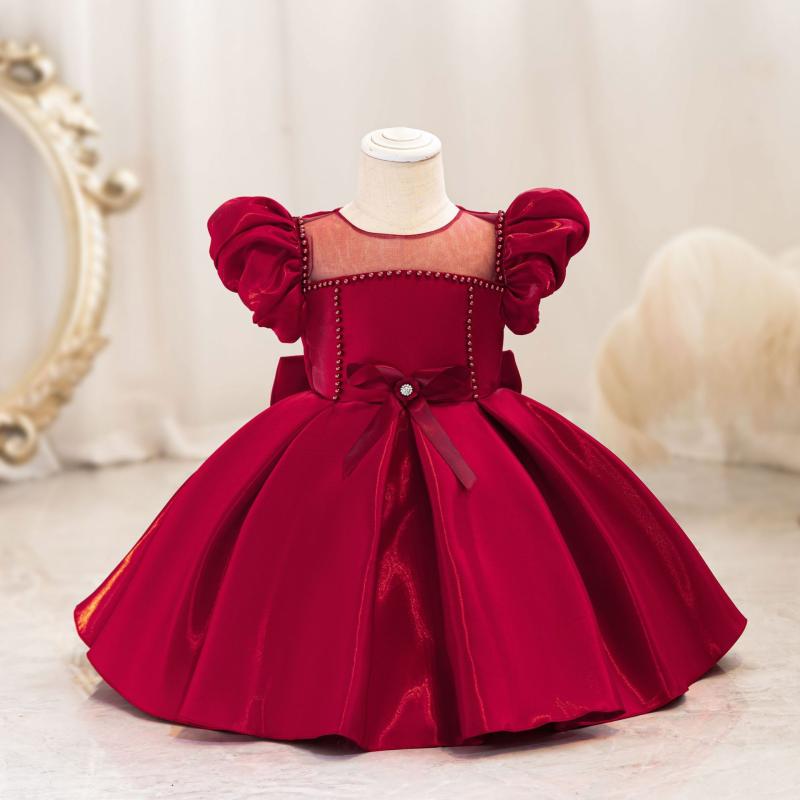 ベビードレス キッズ 女の子 幼児 肌に優しい フォーマル 結婚式 発表会 1歳 誕生日 プリンセス パフスリーブ エレガント 綿混 ポリエステル ホワイト シャンパン ワインレッド