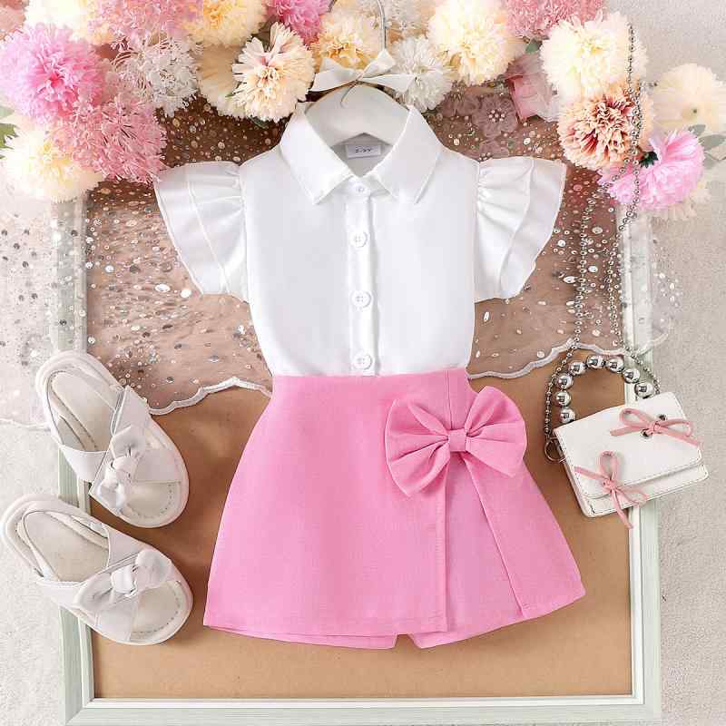 キッズ 女の子 子供服 セットアップ 夏物 綿 2点セット 白 半袖シャツ ピンク リボン ショートスカート 普段着 通園 お出かけ 1歳 2歳 3歳 4歳 5歳 6歳 7歳｜セキュアデポ