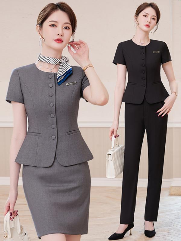 スーツ レディース 高級感 半袖 ポリエステル ポリウレタン セットアップ ビジネス オフィス 通勤 OL 制服 仕事服 ワークウェア 事務服 宝飾店 美容院 ブラック ブルー ライトグレー