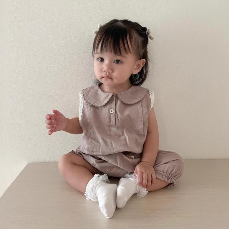 キッズ セットアップ 女の子 ベビー 女児 幼児 丸襟 フリル レース 半袖トップス バルーン ショートパンツ 綿100% ピュアコットン 柔らかい肌触り 春夏 普段着 部屋着 韓国子供服 安心安全 Aクラス