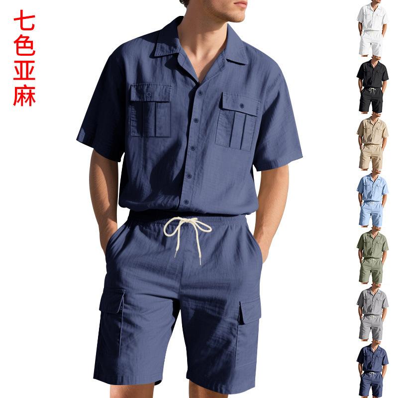 メンズ セットアップ 半袖 シャツ ショートパンツ 2点セット 夏物 ゆったり リラックスフィット 無地 麻素材 スポーツ 大人カジュアル ワークスタイル 部屋着 欧米風