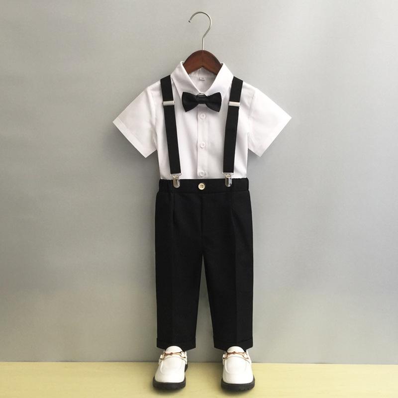 フォーマルスーツ キッズ 男の子 春夏 セットアップ サロペットパンツ 半袖シャツ リボンタイ サスペンダー 発表会 卒園式 入学式 結婚式 幼稚園 七五三 司会 ブリティッシュスタイル ポリエステル素材