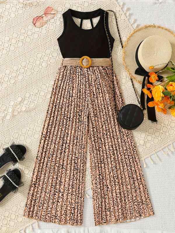 キッズ 女の子 欧米スタイル 無地 タンクトップ ワイドプリーツ ロングパンツ ベルト付き セットアップ 春夏秋 ポリエステル ジュニア カジュアル リラックス