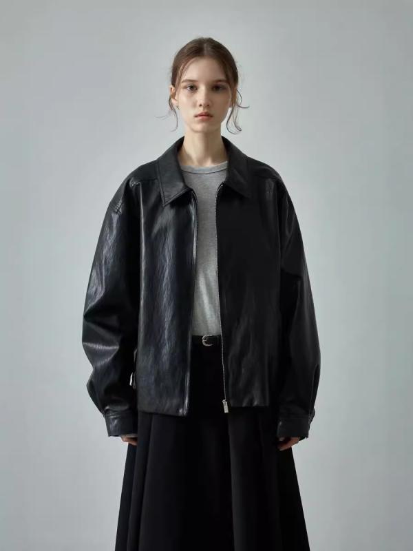 フェイクレザージャケット レディース 女性用 秋冬 上品 シンプル おしゃれ テーラードカラー ジップアップ ゆったり 長袖 通勤 オフィス カジュアル PUレザー ブラック ブラウン アウター｜セキュアデポ