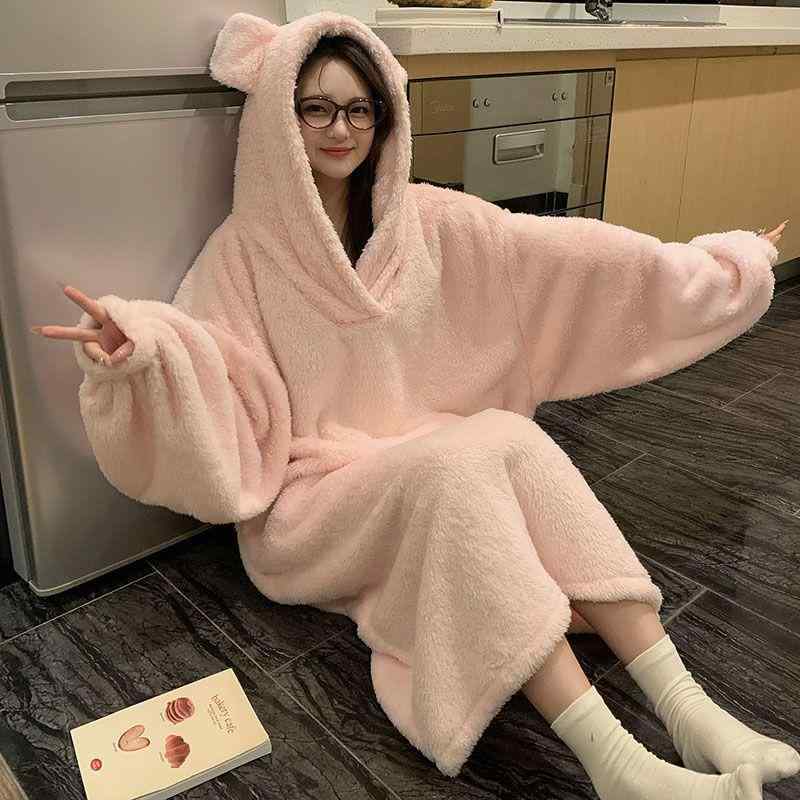 レディース 着る毛布 ガウン かわいい フード付き 無地 裏起毛 厚手 フランネル ふわふわ モコモコ 暖かい 保温 ゆったり ロング丈 秋冬 部屋着 ルームウェア