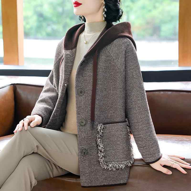 カーディガン レディース ミセス 春 フード付き 体型カバー ゆったり 大きいサイズ ニット フリンジ きれいめ カジュアル レーヨン 大人女性向け おしゃれ ライトアウター グリーン ネイビー ブラウン