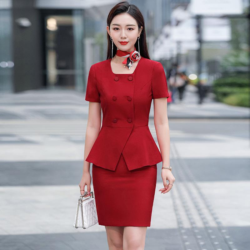 スカートスーツ レディース ビジネス オフィス 通勤 制服 ホテル受付 エステティシャン 宝飾店 美容部員 セットアップ 半袖ジャケット フォーマル 上品 ポリエステル ストレッチ シワになりにくい 速乾 春夏