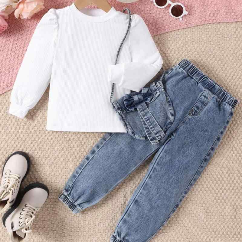 セットアップ キッズ 女の子 ガールズ 秋冬 長袖 プルオーバー デニムパンツ デニムバッグ 3点セット おしゃれ かわいい カジュアル 柔らかい ポリエステル 綿混紡 ホワイト