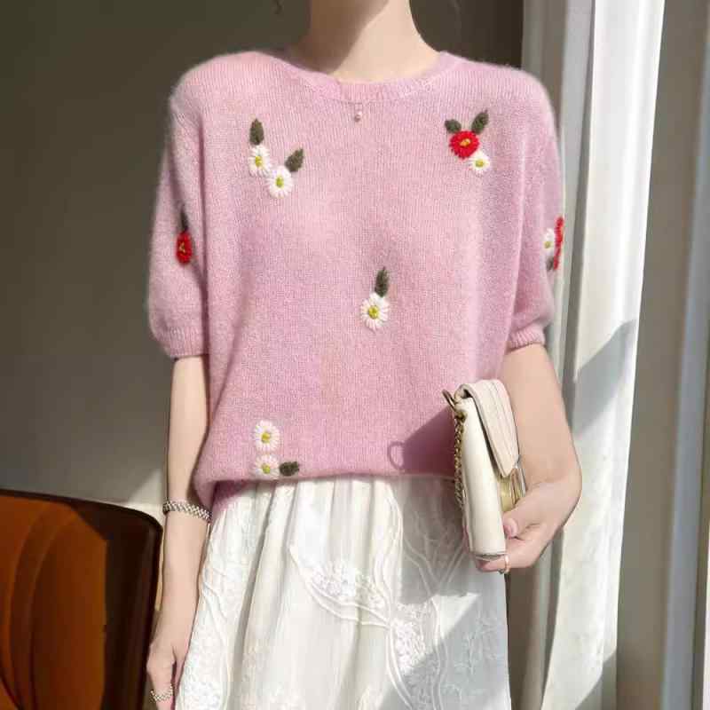 ニット レディース 凝ったデザイン きれいめ 着回ししやすい カシミヤ シルク 刺繍 ジャカード 丸首 半袖 ゆったり トップス 秋冬