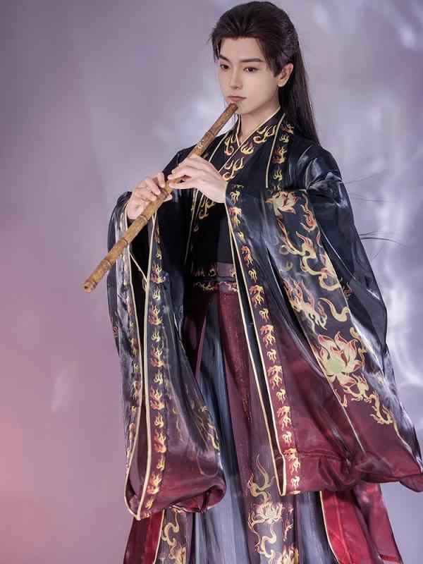 漢服 メンズ 火炎玉令 中国風 晋魏風 交領 襦裙 ウエスト丈 広袖 羽織 グラデーション プリント ポリエステル オールシーズン 3点 舞台 イベント 衣装