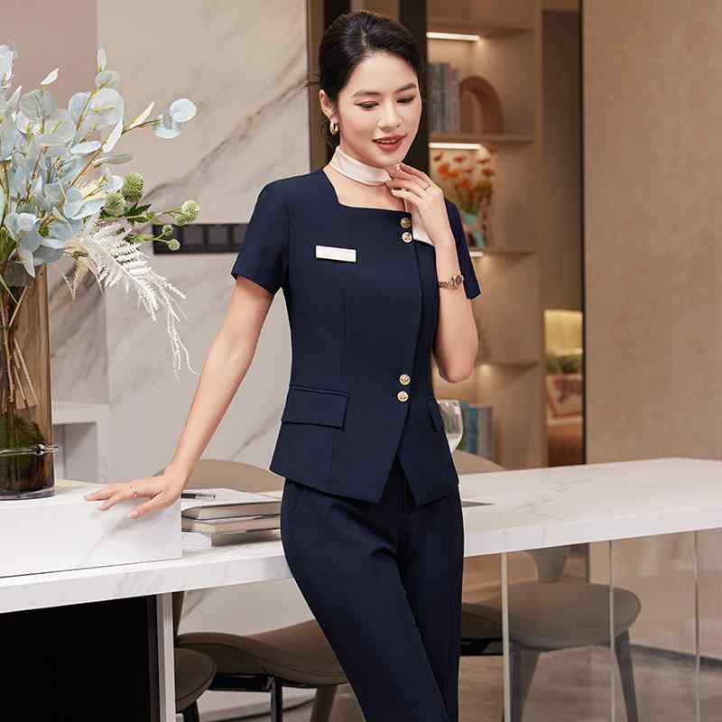制服 レディース 春夏 ホテル 飲食店 フロント 受付 支配人 営業 美容院 エステ スタッフ 上品 ストレッチ ポリエステル混紡 半袖 七分袖 セットアップ