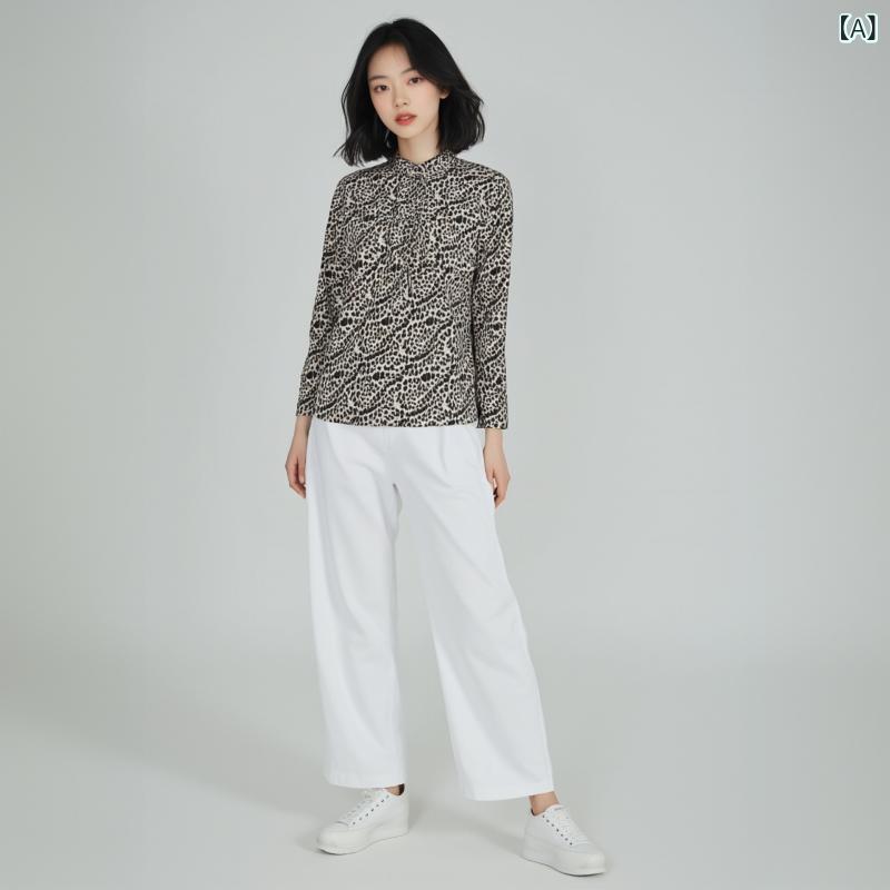 Tシャツ レディース 春秋 長袖 ヒョウ柄 シルク調 スタンドカラー プルオーバー トップス インナー ゆったり 快適 通勤 カジュアル｜セキュアデポ