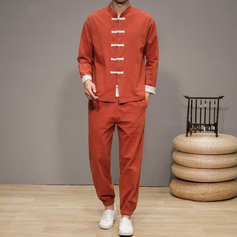 メンズ セットアップ 綿麻 リネン混 薄手 長袖シャツ チャイナ服 漢服風 唐装 部屋着 カジュアル リラックスウェア 春秋