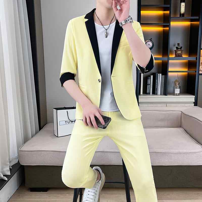 スーツ メンズ 男性用 春夏 七分袖 切り替えデザイン スリムフィット 2点セット ビジネス フォーマル 結婚式 パーティー 二次会 通勤 オフィス 薄手 軽量 韓国風 カジュアル おしゃれ ジャケット パンツ セットアップ