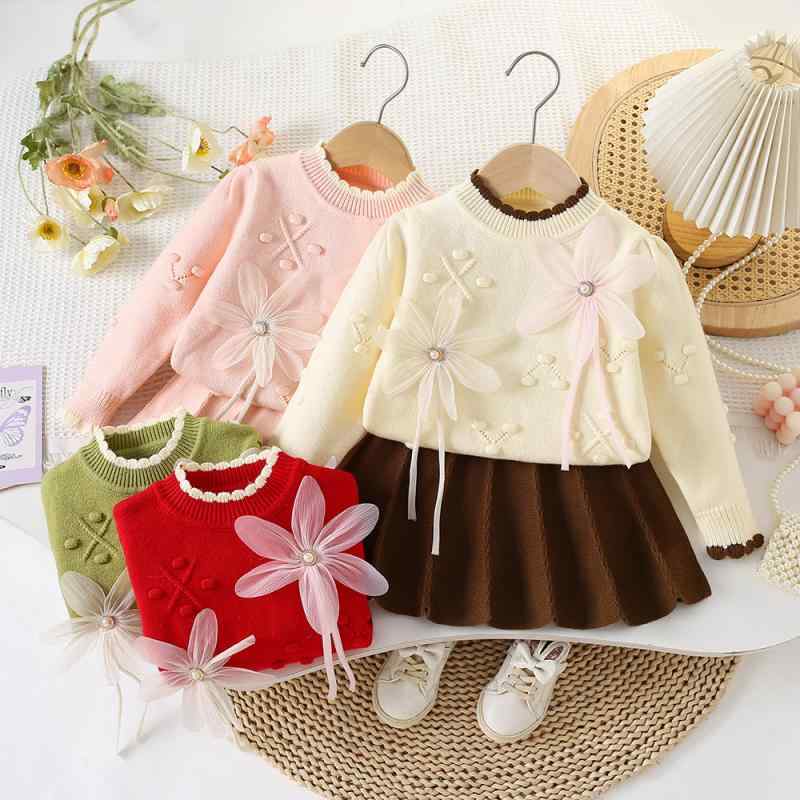 ニット キッズ 女の子 セットアップ プルオーバー ミニスカート 花柄 無地 かわいい 長袖 クルーネック 肌触り良い ホワイト ピンク グリーン レッド 2点セット 秋冬